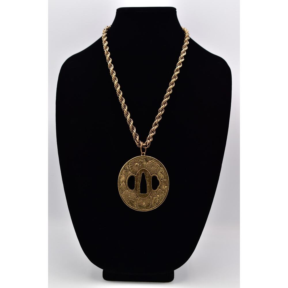 Alva Museum Japanese Carnation Symbol Pendant Tsuba Antiqued Signed 1970s BinBD